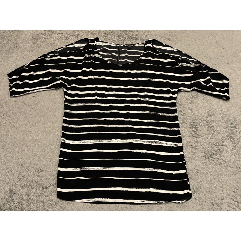 Express Blouse Women’s Small Black White Stripe Cold Shoulder Cut Out Tunic